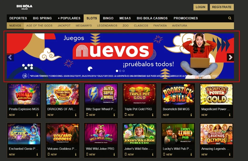 Página de promociones deportivas en BigBola con banners para apuestas aseguradas en deportes