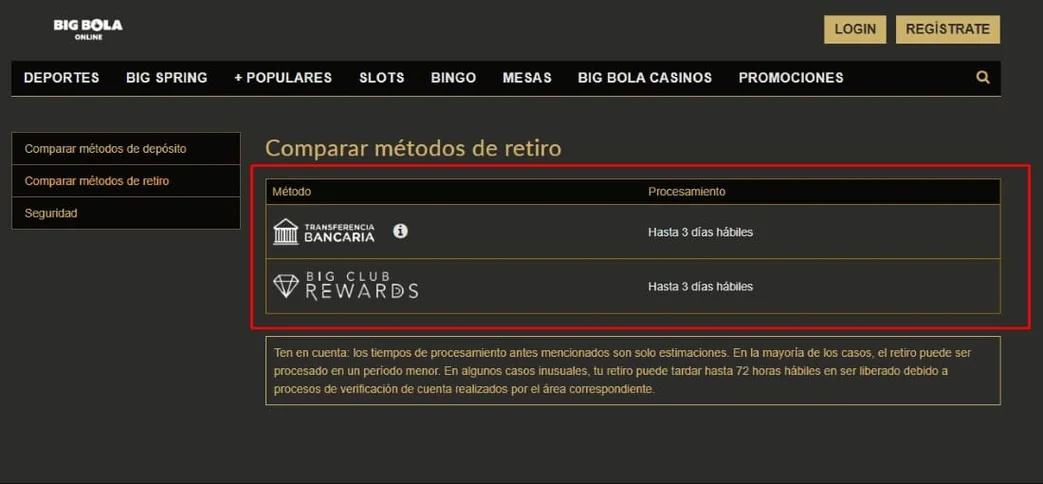 Opciones de retiro en Big Bola mostrando métodos disponibles y tiempos de procesamiento estimados